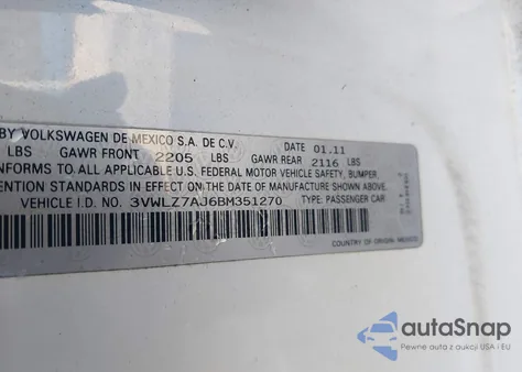 2011 Volkswagen Jetta 2.5L Sel z USA, uszkodzony, nr VIN 3VWLZ7AJ6BM351270